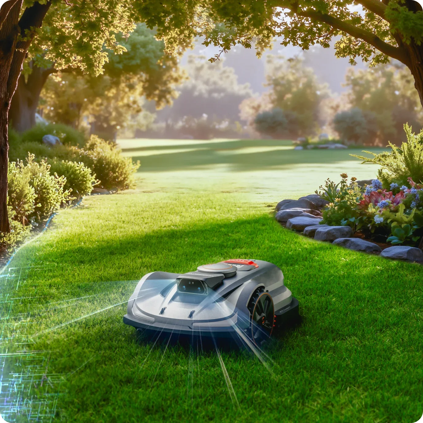 Sunseeker Mähroboter mäht einen Garten