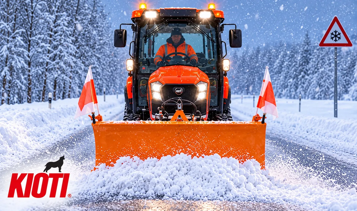 KIOTI-Traktor mit Schneeschild im Winterdienst